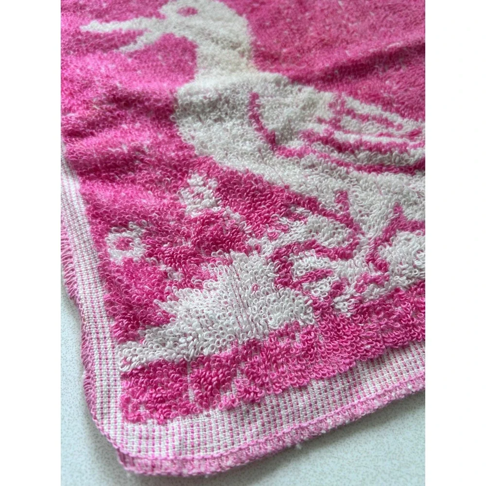 Vintage Pink Terry Cloth Baby Bib White Duck Graphic Retro Tie Neck Nursery
